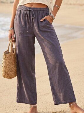 Just Living Navy Blue Linen Blend Pants - Size Large - Drawstring Waist